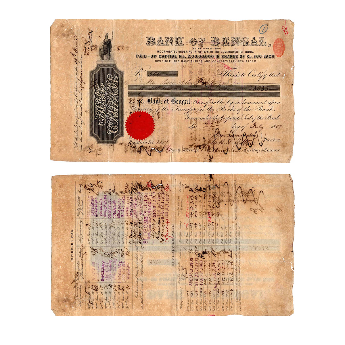 Paper, Bank of Bengal, one share of 1,000 Rupees, June 1887 (dated on the front side of th