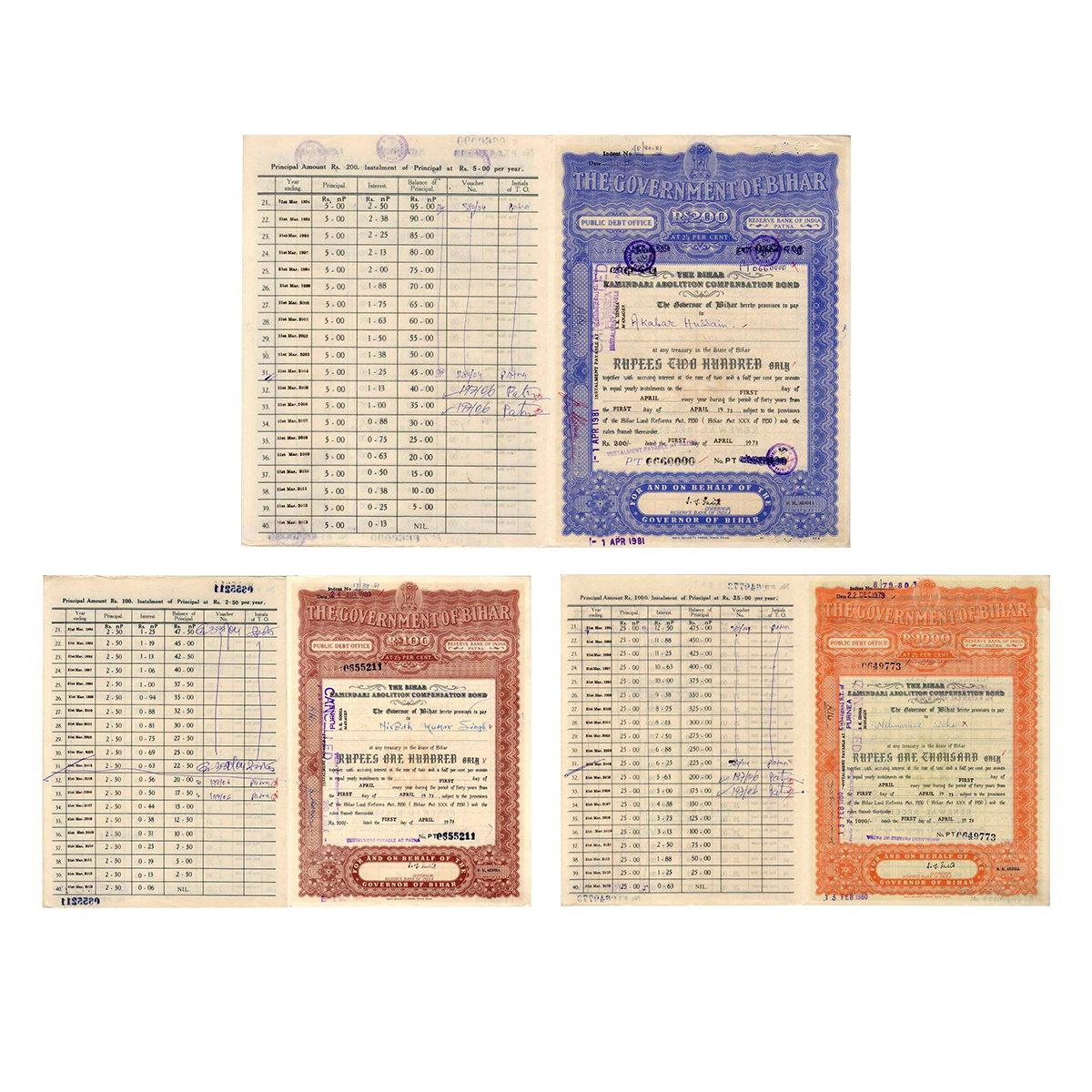 Paper, Government of Bihar & Reserve Bank of India (Patna), Bond Certificates (3) of the B