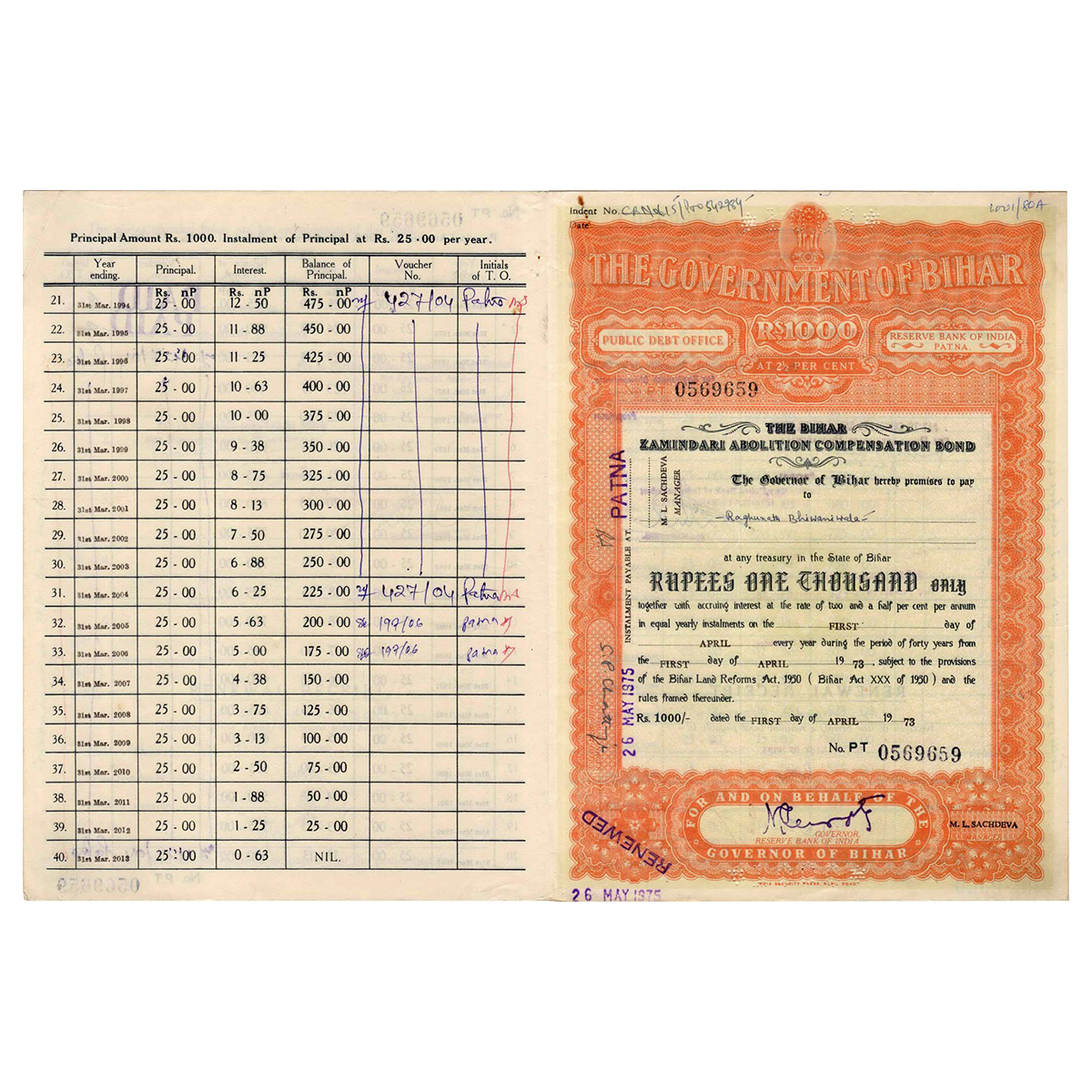 Paper, Government of Bihar & Reserve Bank of India (Patna), Bond Certificate of the Bihar 