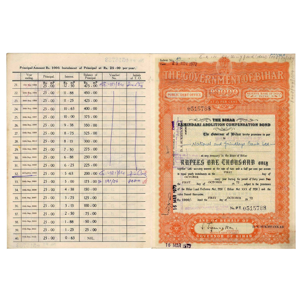 Paper, Government of Bihar & Reserve Bank of India (Patna), Bond Certificate of the Bihar 