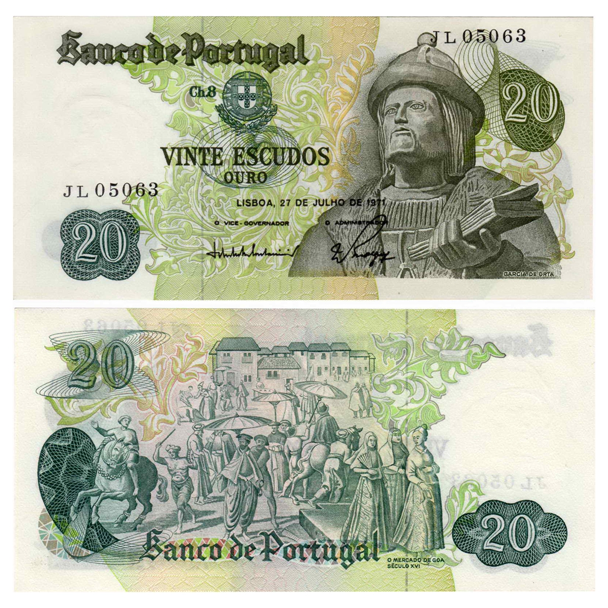 Paper, Indian Theme on Portugal, Currency Note of 20 Escudos. Portrait of Garcia De Orta, 