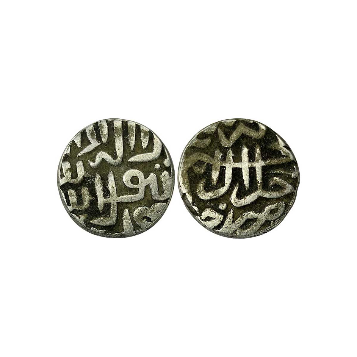 Mughals, Akbar, Silver, 6.96 g, Tanka, Ujjain Mint, Kalima type, ND, Mint name at bottom o