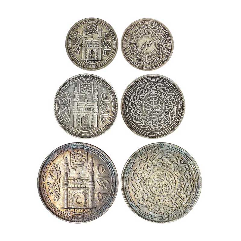Hyderabad, Mir Osman Ali Khan, Silver (3), Set of 3 coins: Rupee, ½ Rupee and ¼ Rupee. Cha