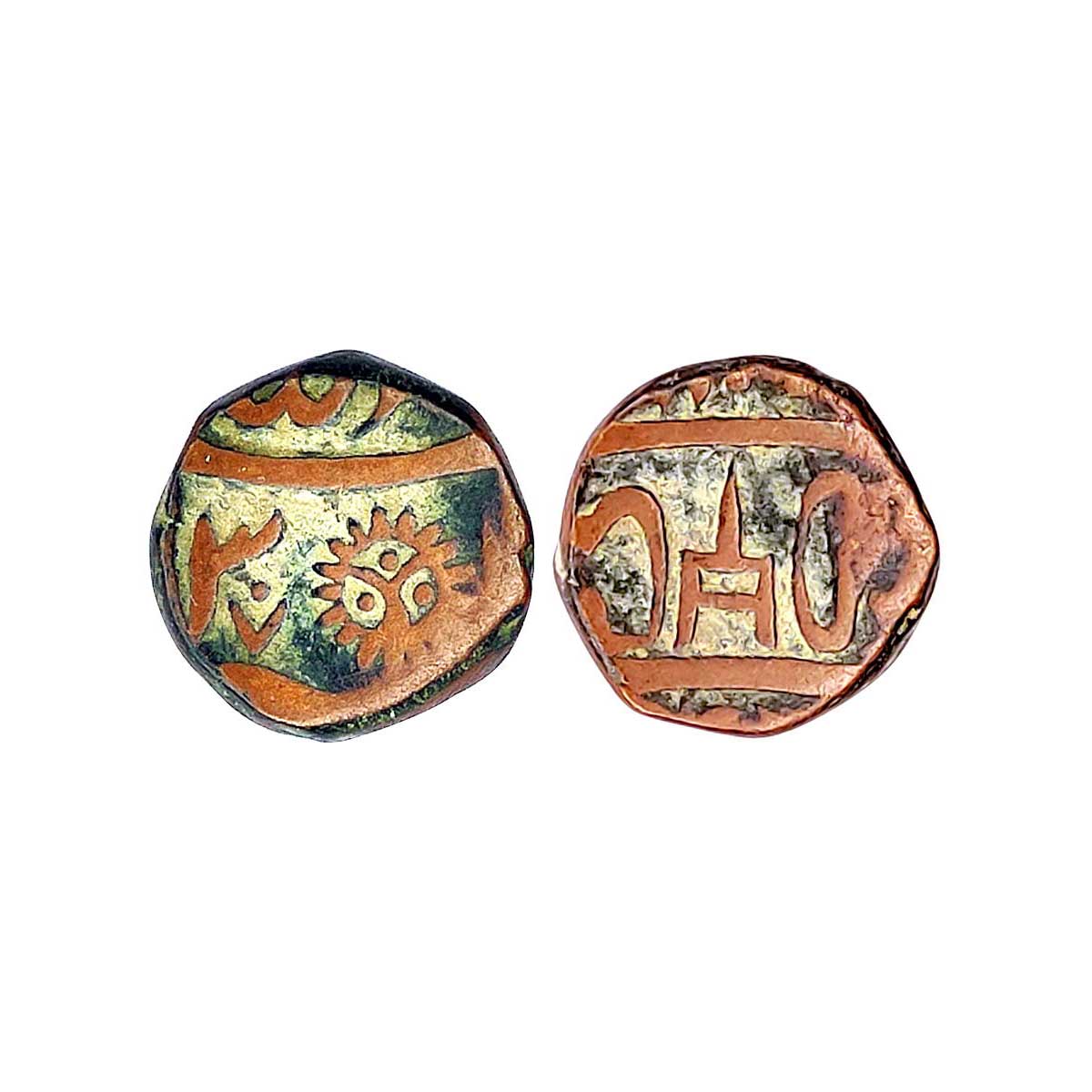 Indore, Copper, 8.00 g, ½ Paisa, Malharnagar mint, in the name of Shah Alam II, RY 30; a v