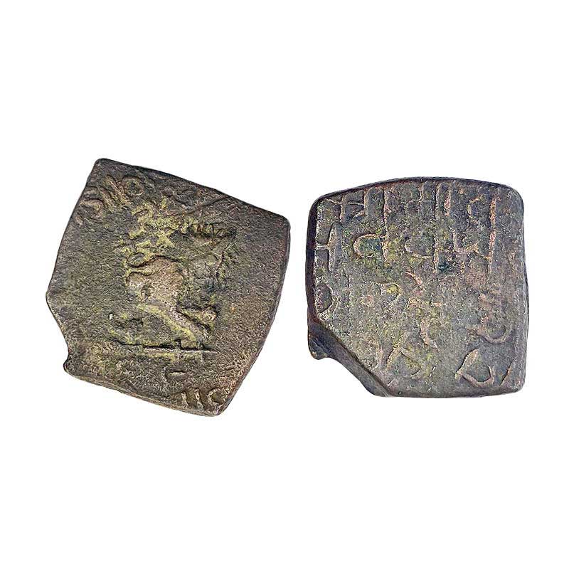 Lunawada, Wakhat Singhji (1867-1929 AD), Copper, 7.52 g, Square Paisa, Lion type, with a l