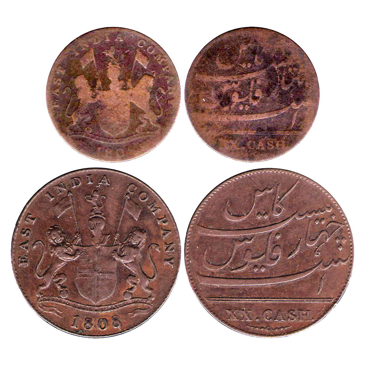 East India Company, Madras Presidency, Copper (2), 20 Cash, 1808 issues, Soho Mint, Invert