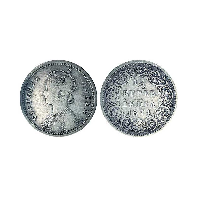 Victoria Queen, Silver, ¼ Rupee, 1874, Bombay Mint, Obv A, Rev I, Dot Mint Mark (Pridmore#