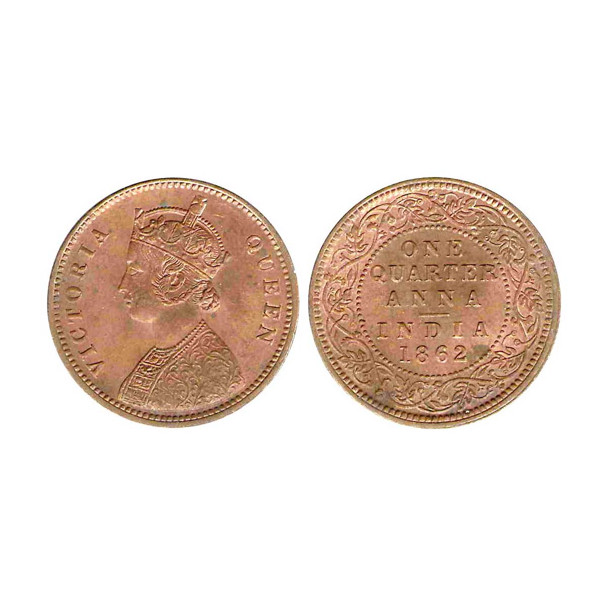 Victoria Queen, Copper, ¼ Anna, 1862, Calcutta Mint, Obv A, Rev. I (Pridmore# 601). Slabbe