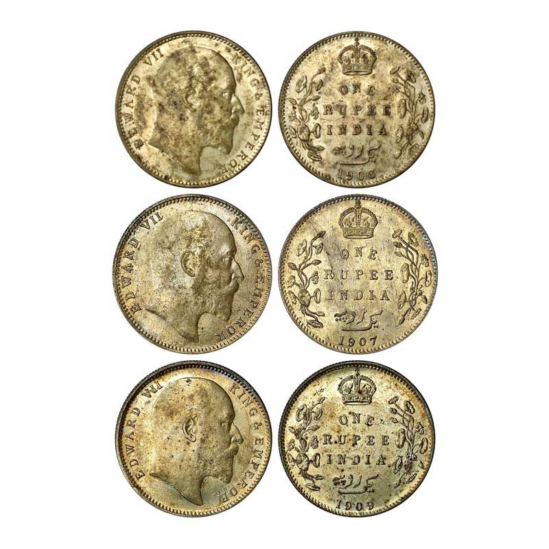 Edward VII, Silver (3), Rupee, Calcutta Mint, 1906; Bombay Mint, B Raised, 1907; and Calcu