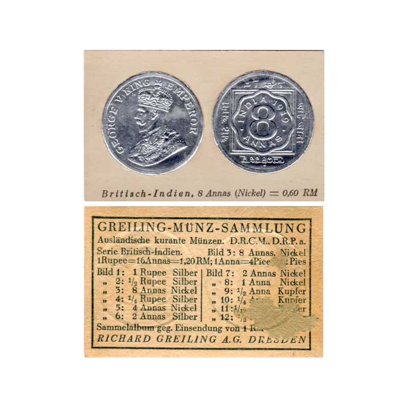 Cupro - Nickel, British India Theme Coin Card, Cigarette Cards, George V, Copper-Nickel, 8