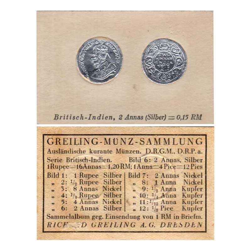 British India Theme Coin Card, Cigarette Cards, George V, Silver, 2 Annas, 1913, Bombay Mi