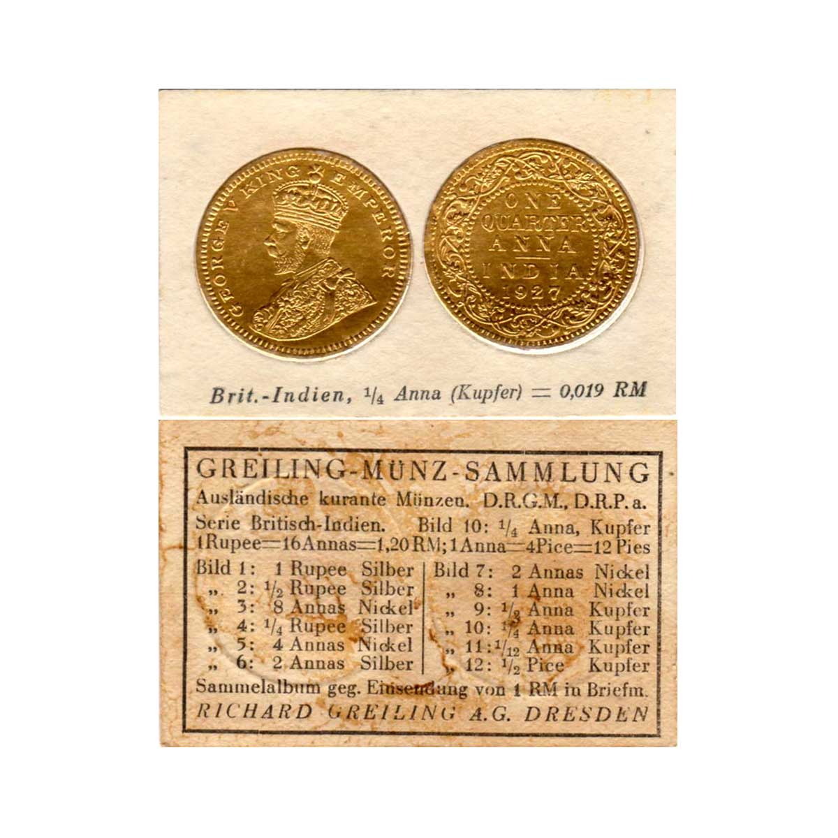 British India Theme Coin Card, Cigarette Cards, George V, Copper, ¼ Anna, 1927, Calcutta M