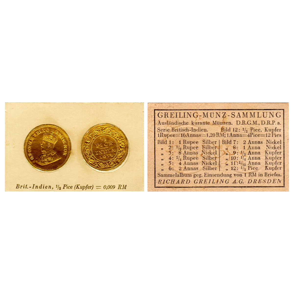 British India Theme Coin Card, Cigarette Cards, George V, Copper, ½ Pice, 1914, Calcutta M