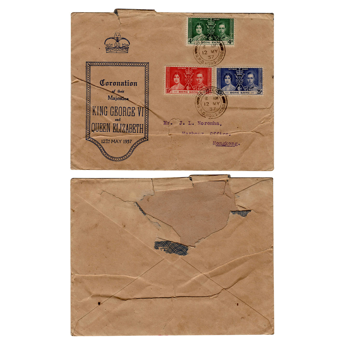Royal Coronation Durbar Envelop, George VI, dated 12th May 1937, Hong Kong, Paper. The env