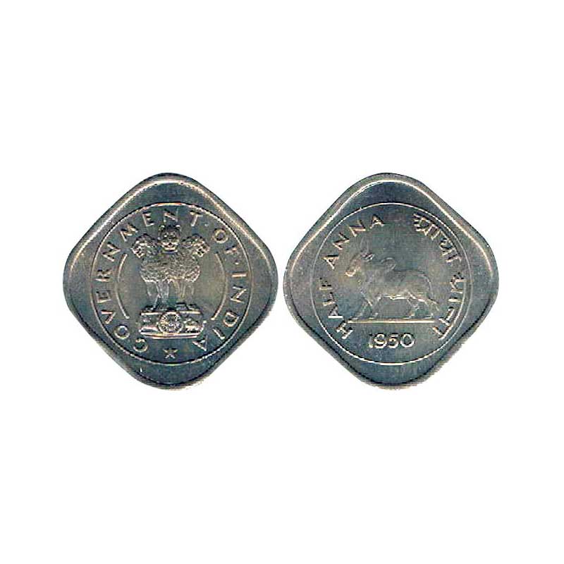 Cupro - Nickel, ½ Anna, Copper-Nickel, 1950, Calcutta Mint, Zebu Bull type with Hindi Erro