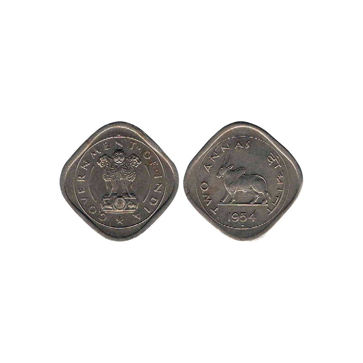 Cupro - Nickel, 2 Annas, Copper-Nickel, 1954, Bombay Mint, Diamond Mint Mark, Zebu Bull ty