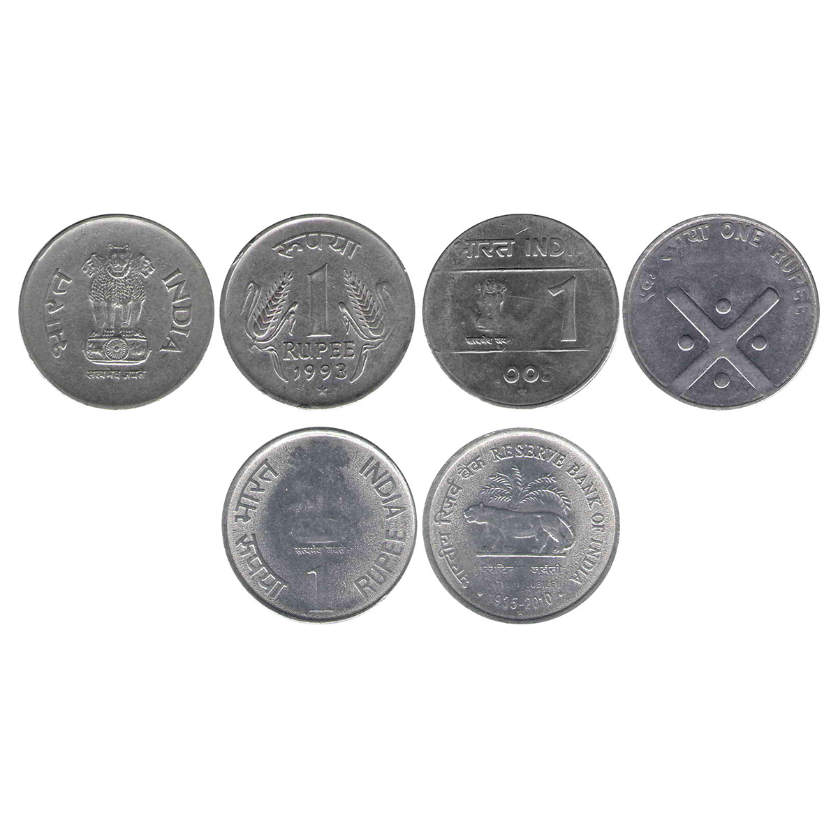 Mixed Alloy, 1 Rupee (3), 1993, Stainless Steel, Hyderabad Mint, Milled Edge (graded as VF