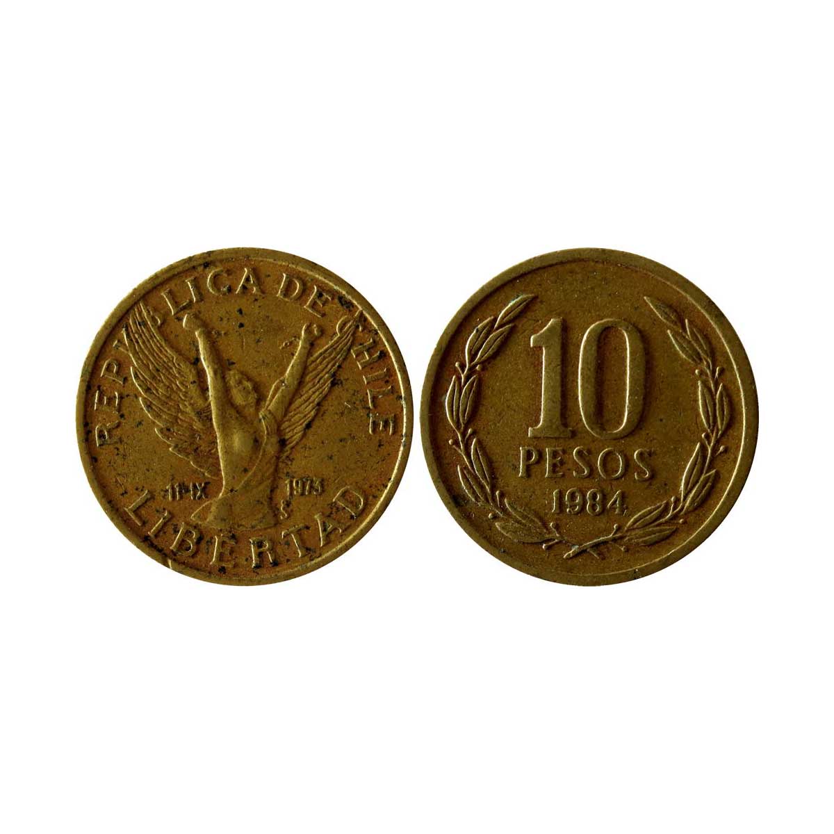 Mixed Alloy, Chile, 10 Pesos, 1986 and 1990, Nickel-brass, 3.5 g, Obv Nude Chilena (right 