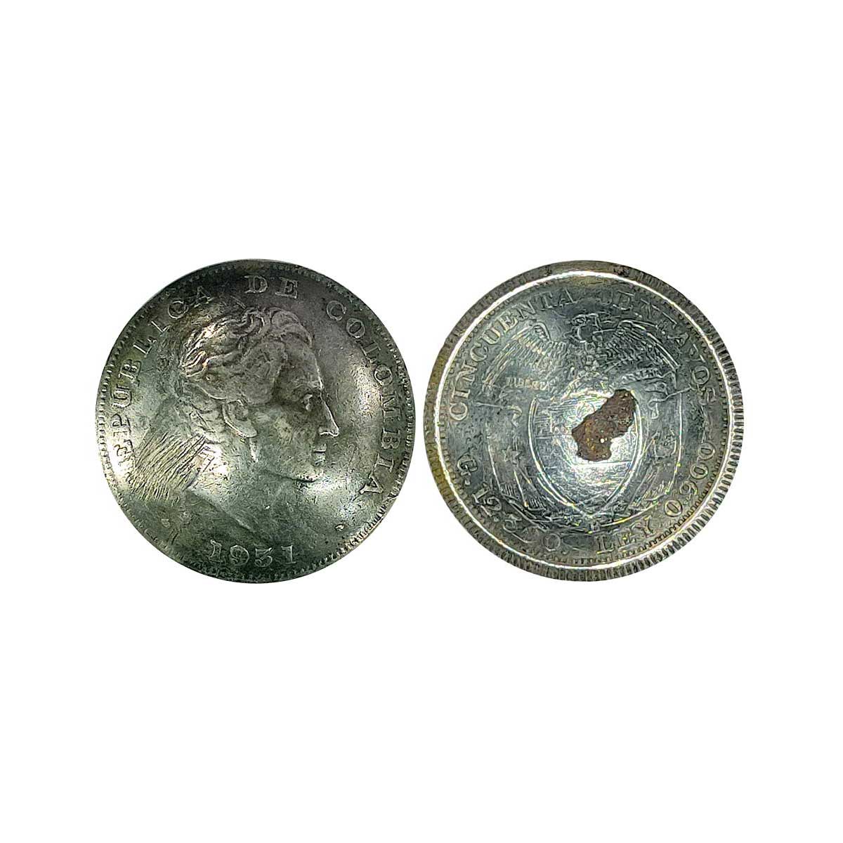 Columbia, Silver, 12.50 g, 50 Centavos, 1931. Obv. Portrait of Simon Boliviare and date, r