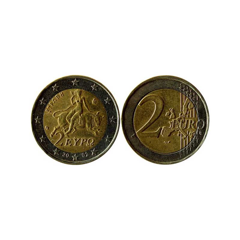 Greece, 2 Euro, Bi-metal, 2002, Obv. Nude Europa seated on bull and legend. Rev. Denominat