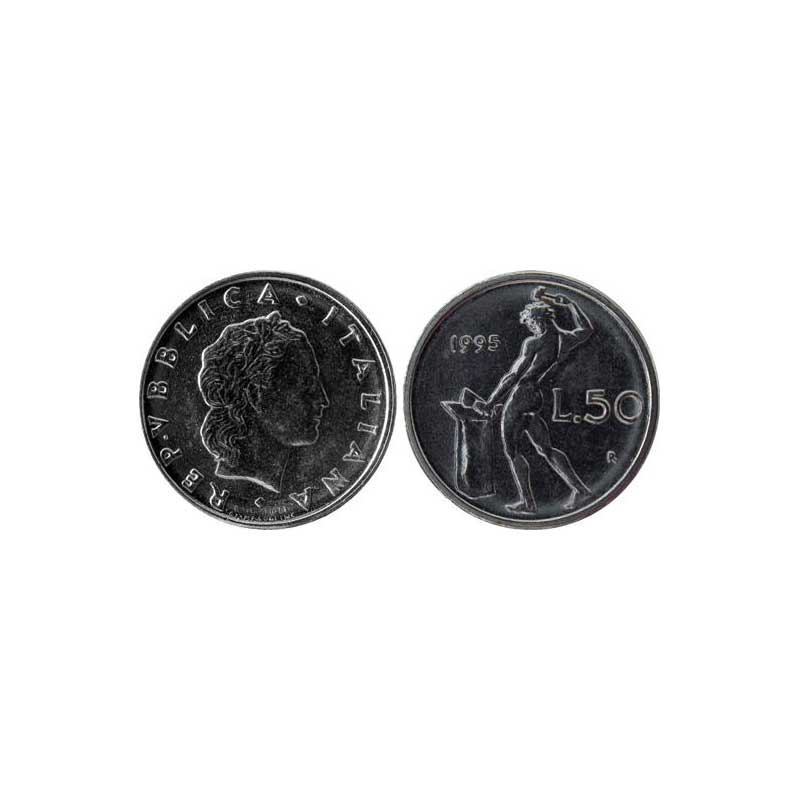 Mixed Alloy, Italy, 50 Lire, 1995, Steel, 2.5 g, Obv Nude Vulcan standing at anvil facing 