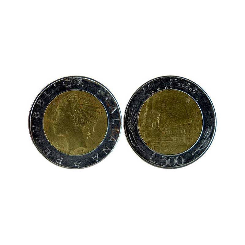 Italy, 500 Lire, 1982, Bi-metal, Obv. Nude male figure walking on building, and legend aro