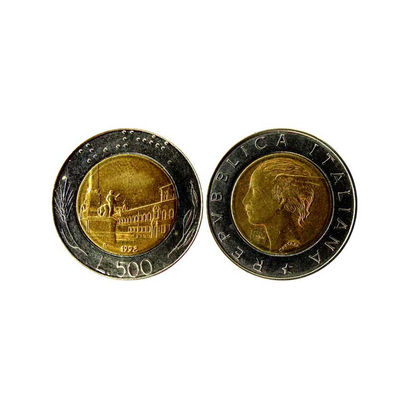 Italy, 500 Lire, 1992, Bi-metal, Obv. Nude male figure walking on building, and legend aro
