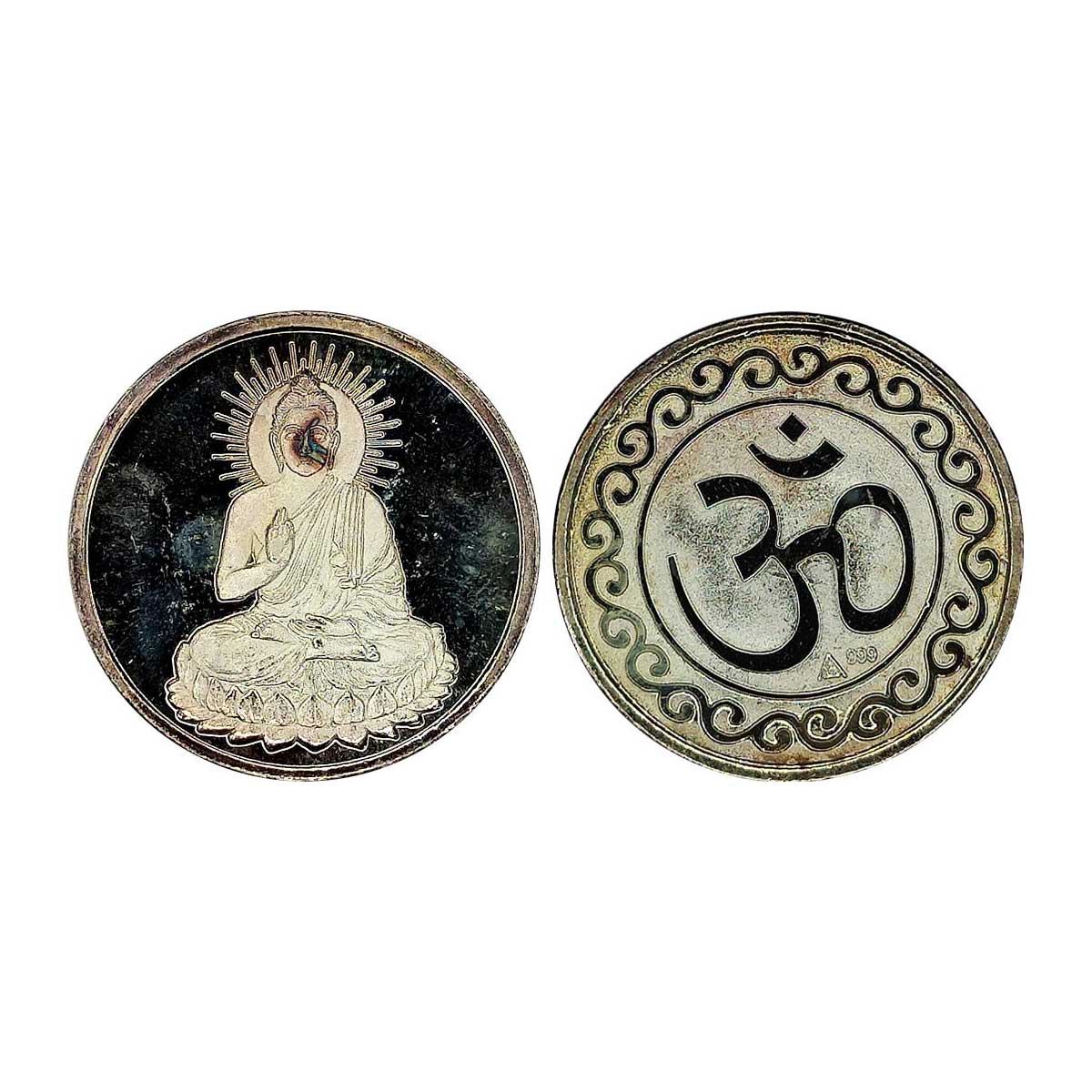 Buddha Token, Silver, 15.00 g. Ovb: Buddha seated. Rev: OM. Almost UNC, Rare....