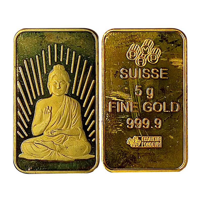 Buddha Token, rectangular Gold-gilt on Silver, 5.00 g. Ovb: Buddha seated. Rev: Swiss 5 gm