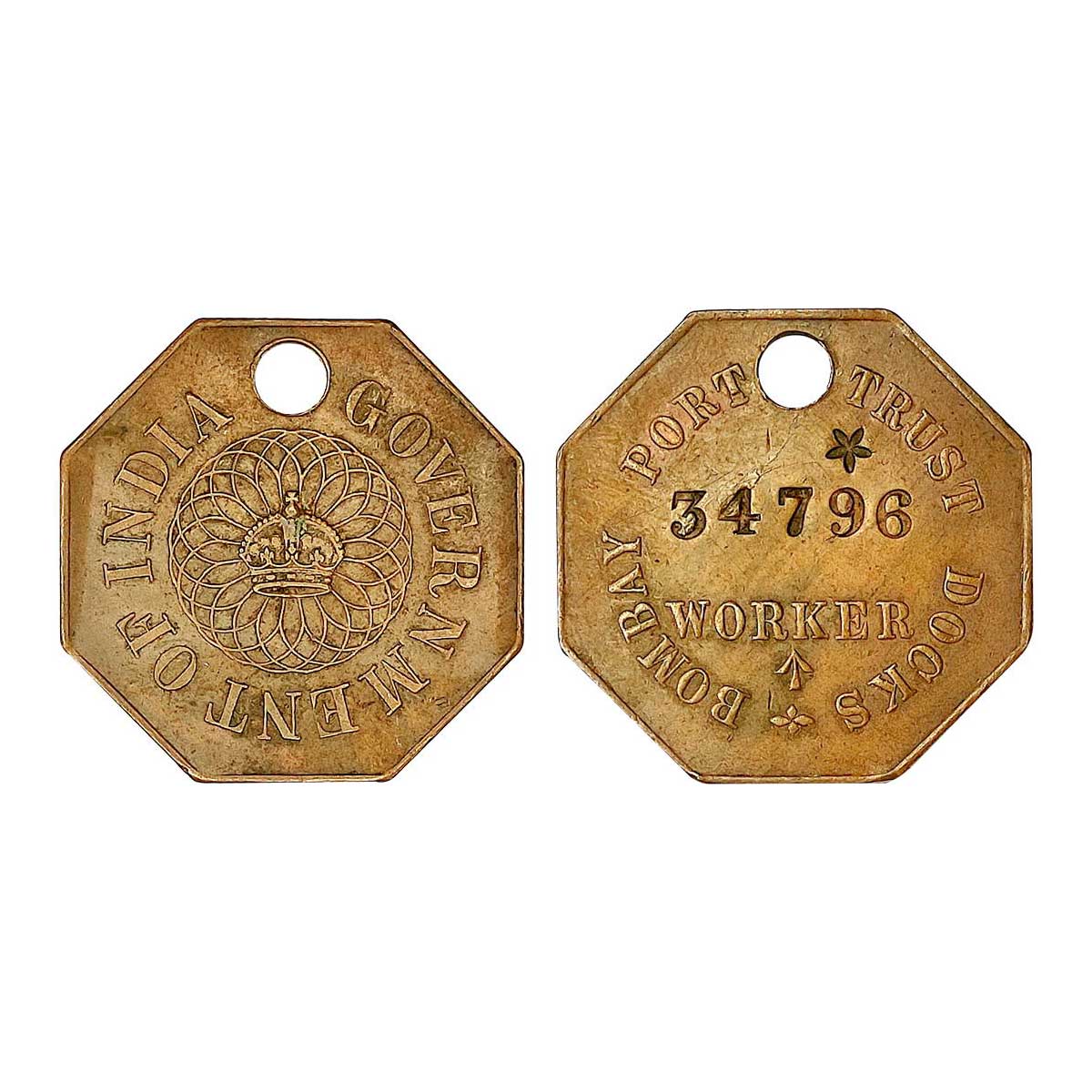 Bombay Port Trust Docks, Octagon Bronze Token, Obv. 34796 and a Star incused, Worker and a