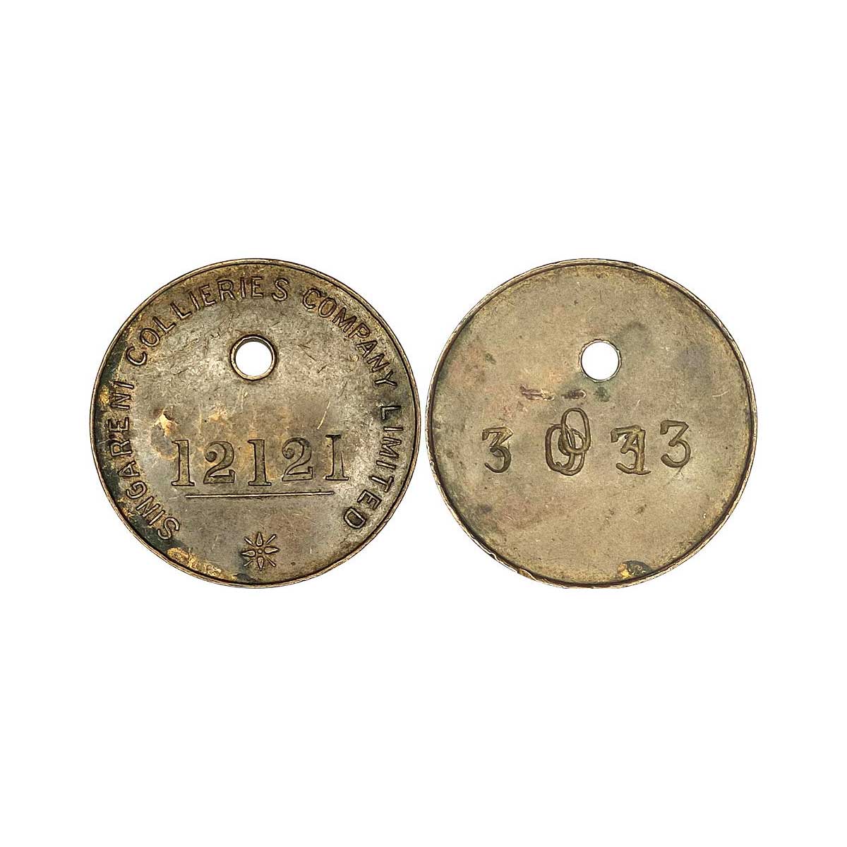 Singareni Collieries Company Ltd., Bronze Token, obv. 12121 incused and holed, rev. 3013, 