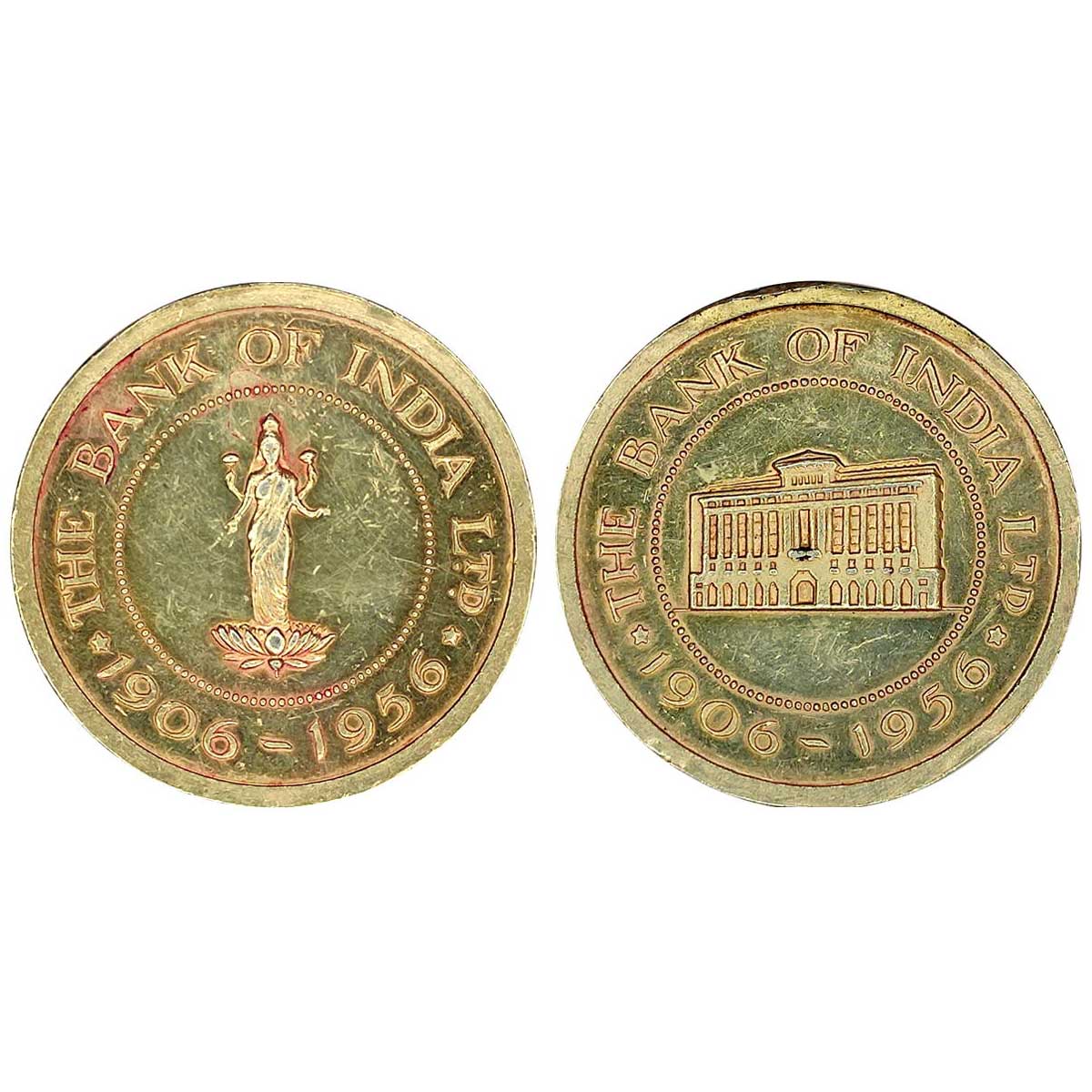 Bank Token of Bank of India, Gold-Gilt Silver, 26.27 g, Golden Jubilee, 1906-1956. Obv. La