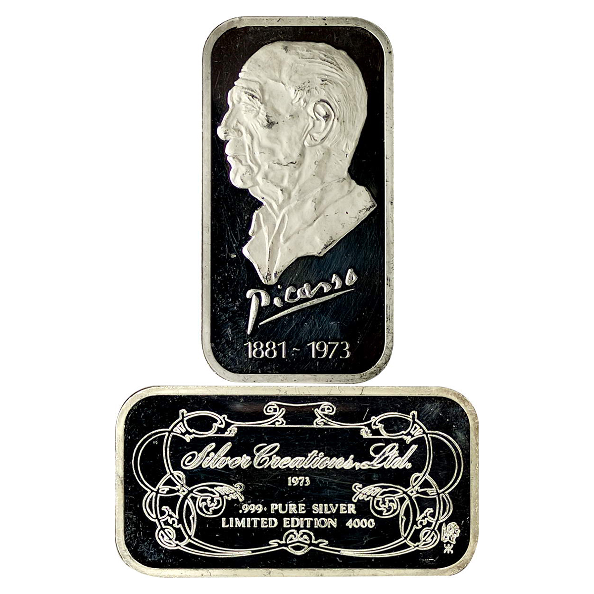 Picasso Token, Silver Bar, Ounce, 31.1g, obv. portrait of the famous painter and his signa