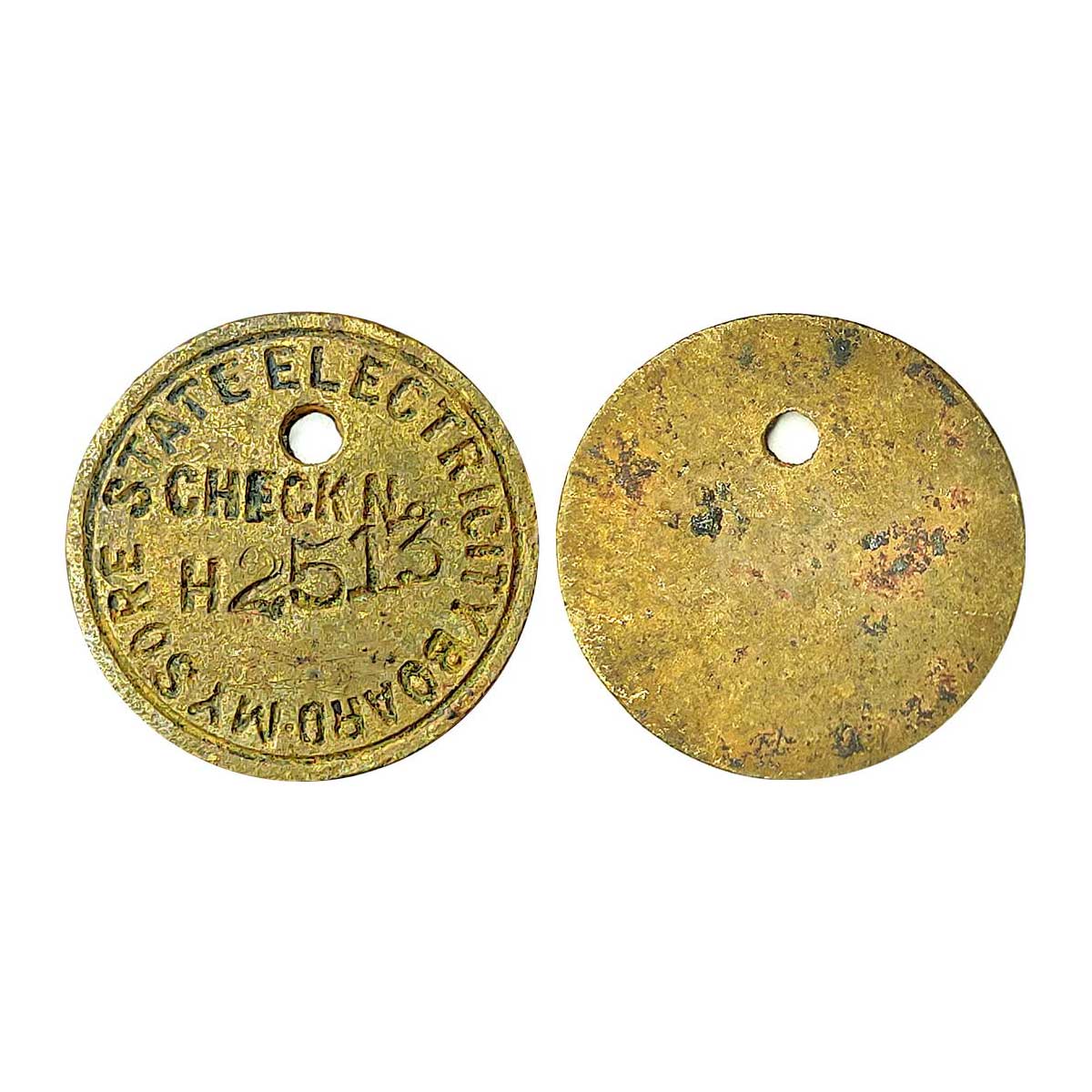 Mysore State, Copper. Obv, legend "Mysore State Electricity Board Check No. H2513 ". Rev, 
