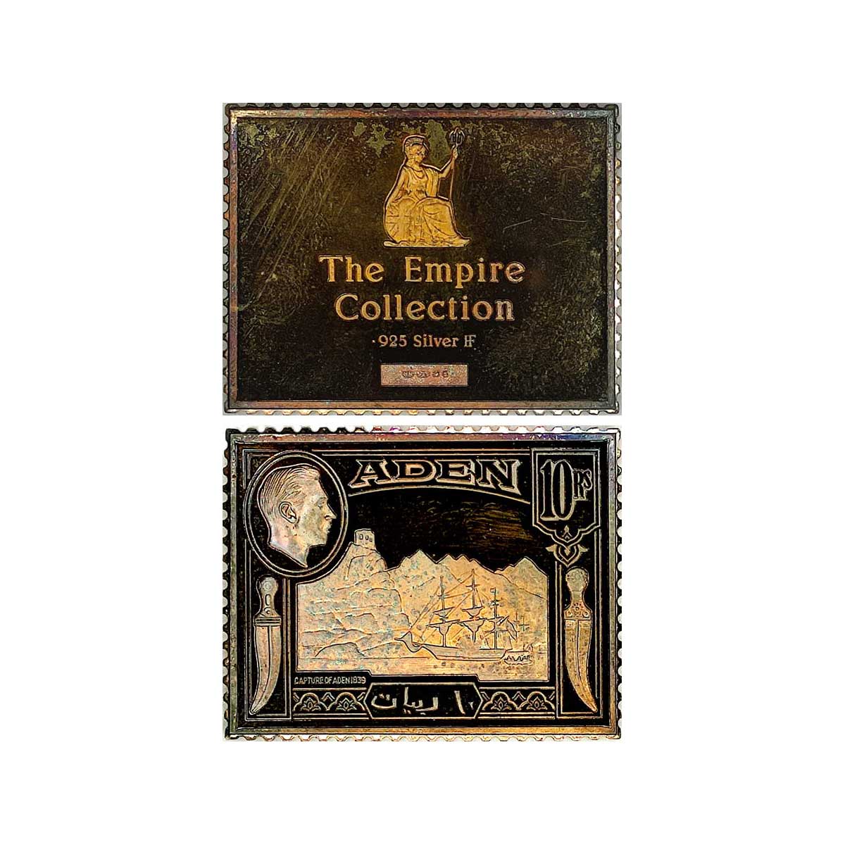 British India Post, Gold Gilt Silver Stamp Ingot, 16.00 g, Aden, George VI, Rupees 10, Pro