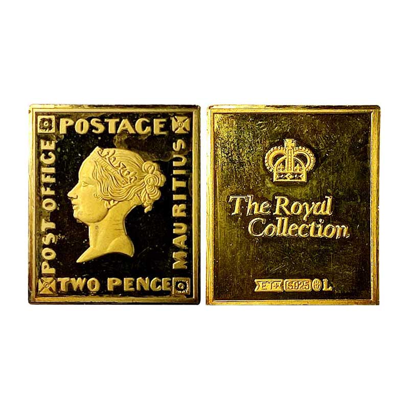 British India Post, Gold Gilt Silver Stamp Ingot, 8.00 g, Mauritius, Victoria, Two Pence, 