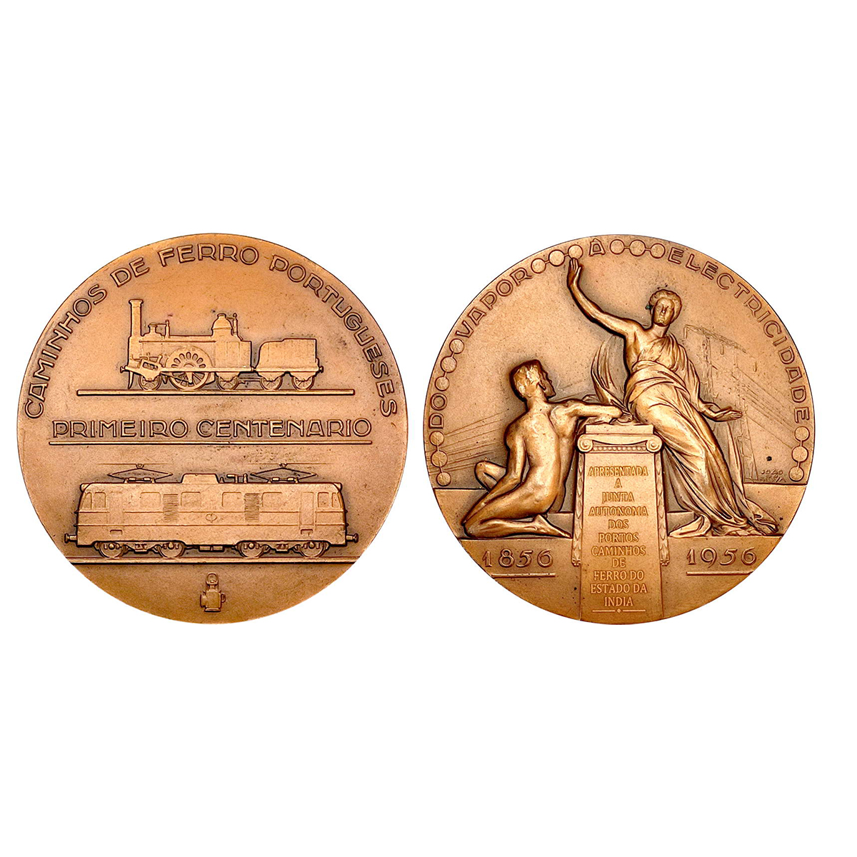 Indo-Portuguese, Railways, Bronze Medal, 70.00 g. Centenary of the Railways, Obv: Goddess 