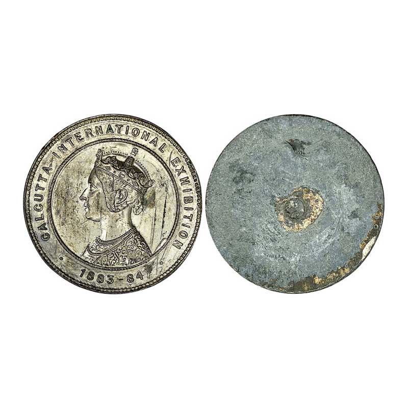 British India, Calcutta Exhibition 1883-85 . Trial Strike in White metal, unifaced. Obv: P