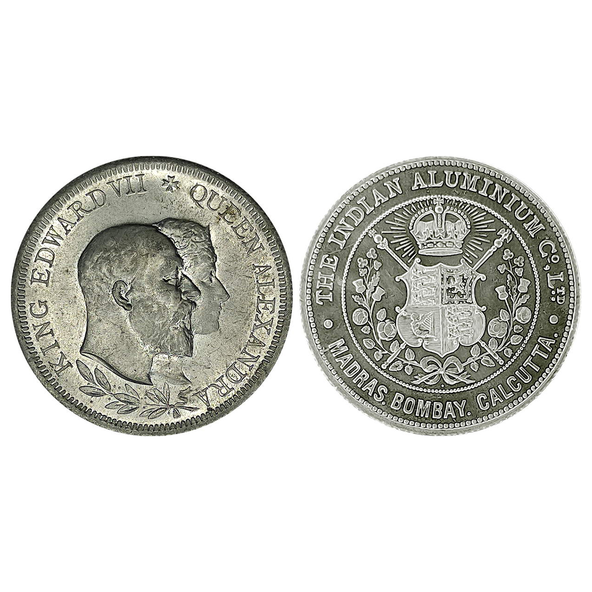 Aluminum, The Indian Aluminium Company Medal, 1901, Aluminium, obv. Conjoined bust of Edwa