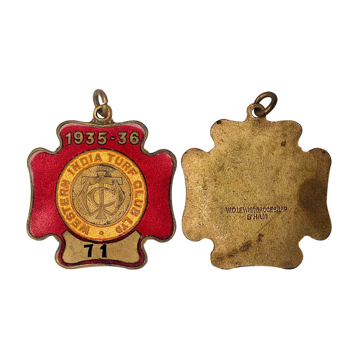 Bombay Race Course, Membership Badge of the Western India Turf Club Ltd. 1935-36. Copper, 