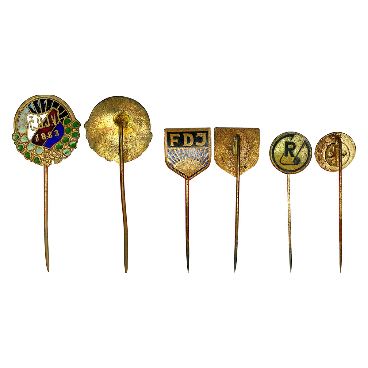 Membership Tie-Pins, Copper (3), C.U.J.V. of 1883; F.D.J., and R. All three are enamelled.