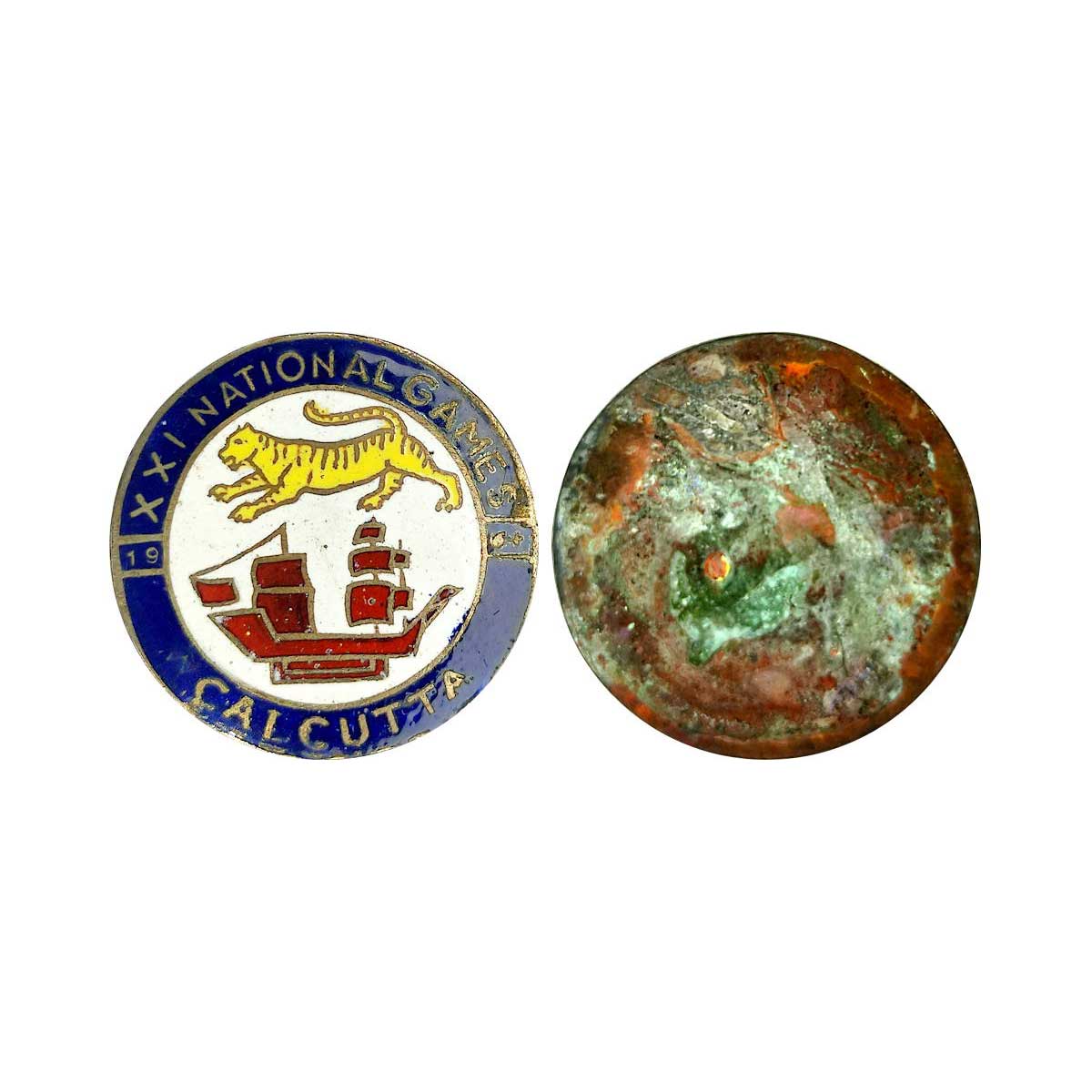 Badge of XXI National Games, Calcutta, Copper, 1964. With Bengal Tiger, and Ship in the ce