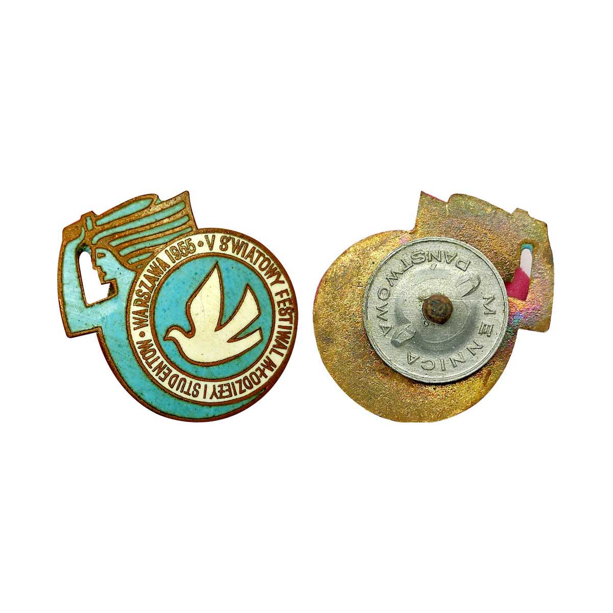 Cupro - Nickel, Odznaka Swiatowy Festiwal Mlodziezy Warszawa 1955. Badge of the World Yout