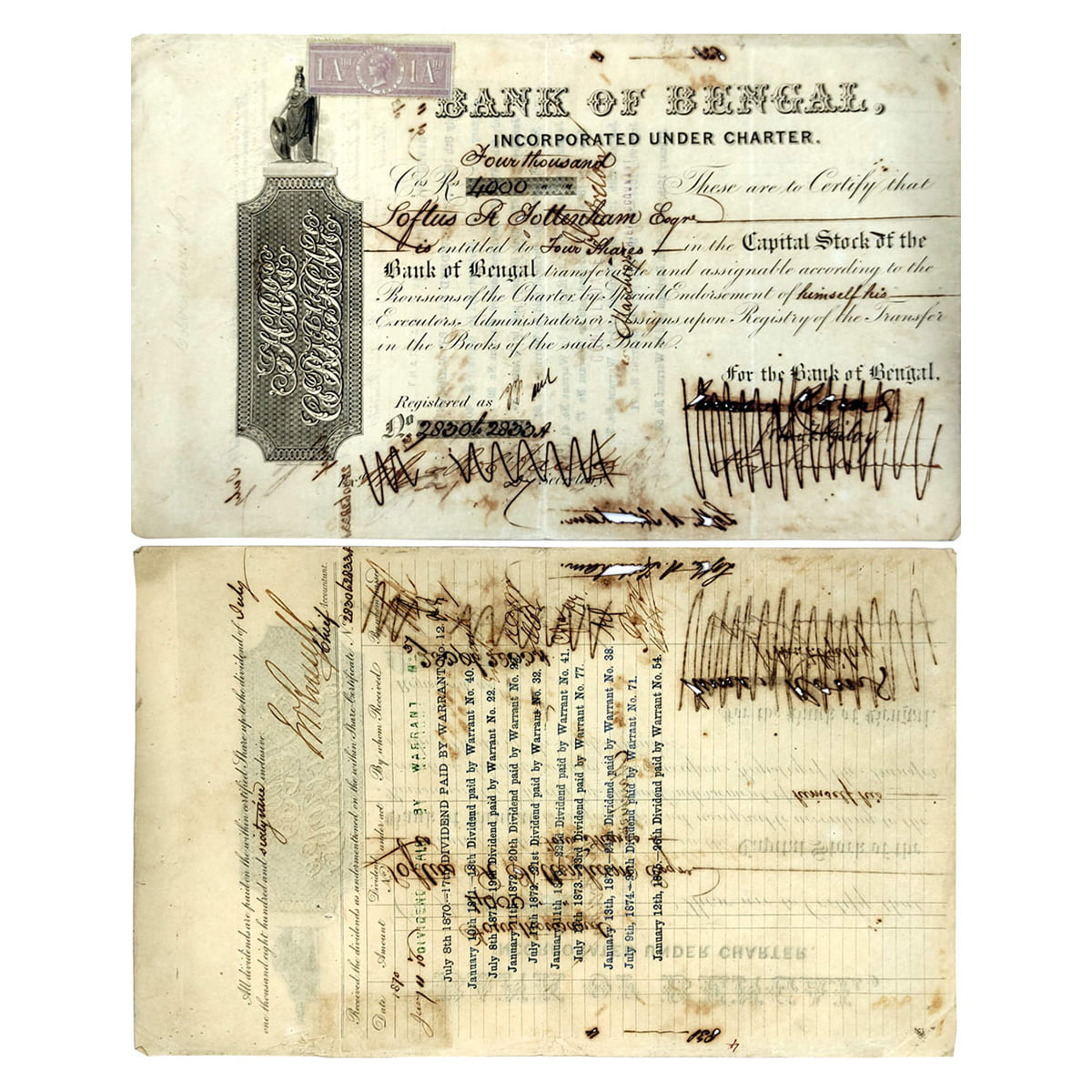 Paper, Bank of Bengal, Four share of 4,000 Company Rupees, July 1869 (dated on the back si
