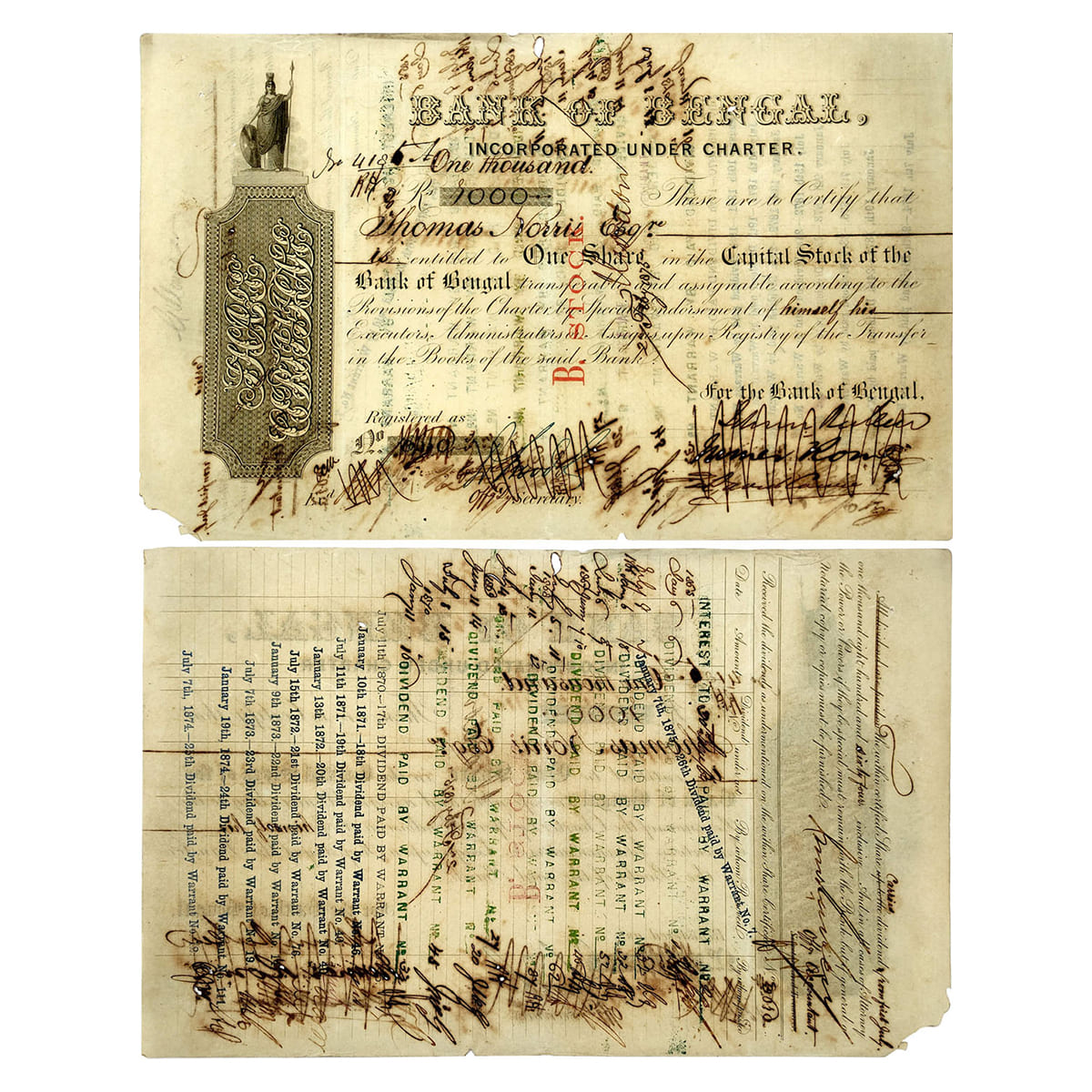 Paper, Bank of Bengal, B-Stock, one share of 1,000 Company Rupees, July 1864 (dated on the