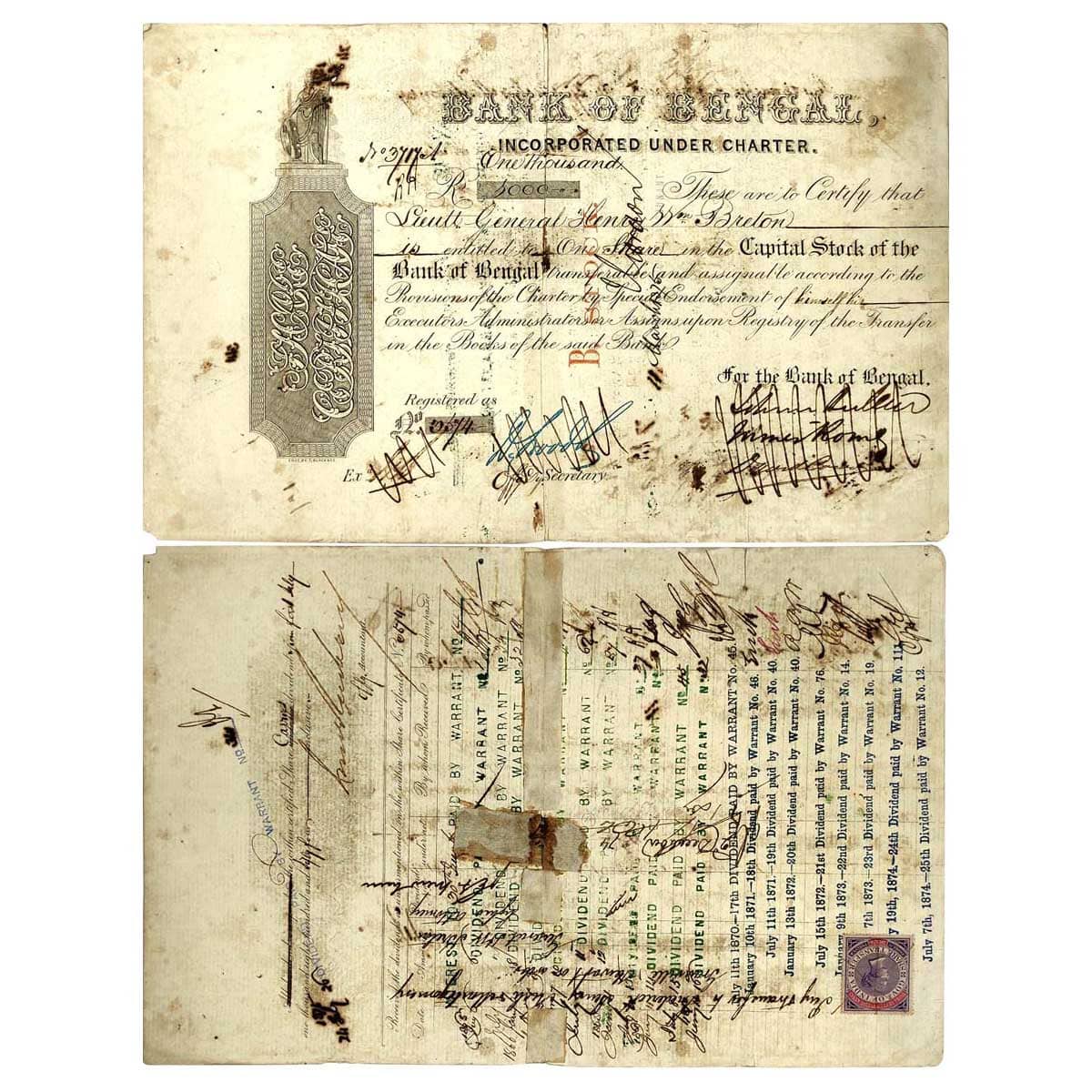 Paper, Bank of Bengal, B-Stock, one share of 5,000 Rupees, July 1884 (dated on the back si