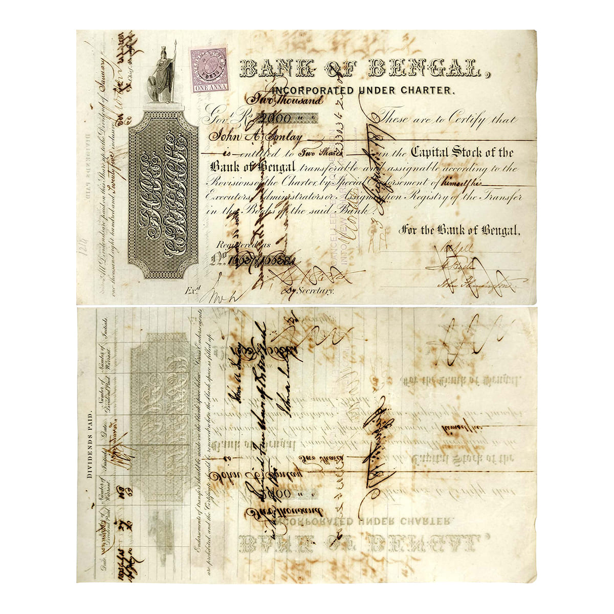 Paper, Bank of Bengal, one&nbsp; share of 2,000&nbsp; Government Rupees, January 1875 (dat