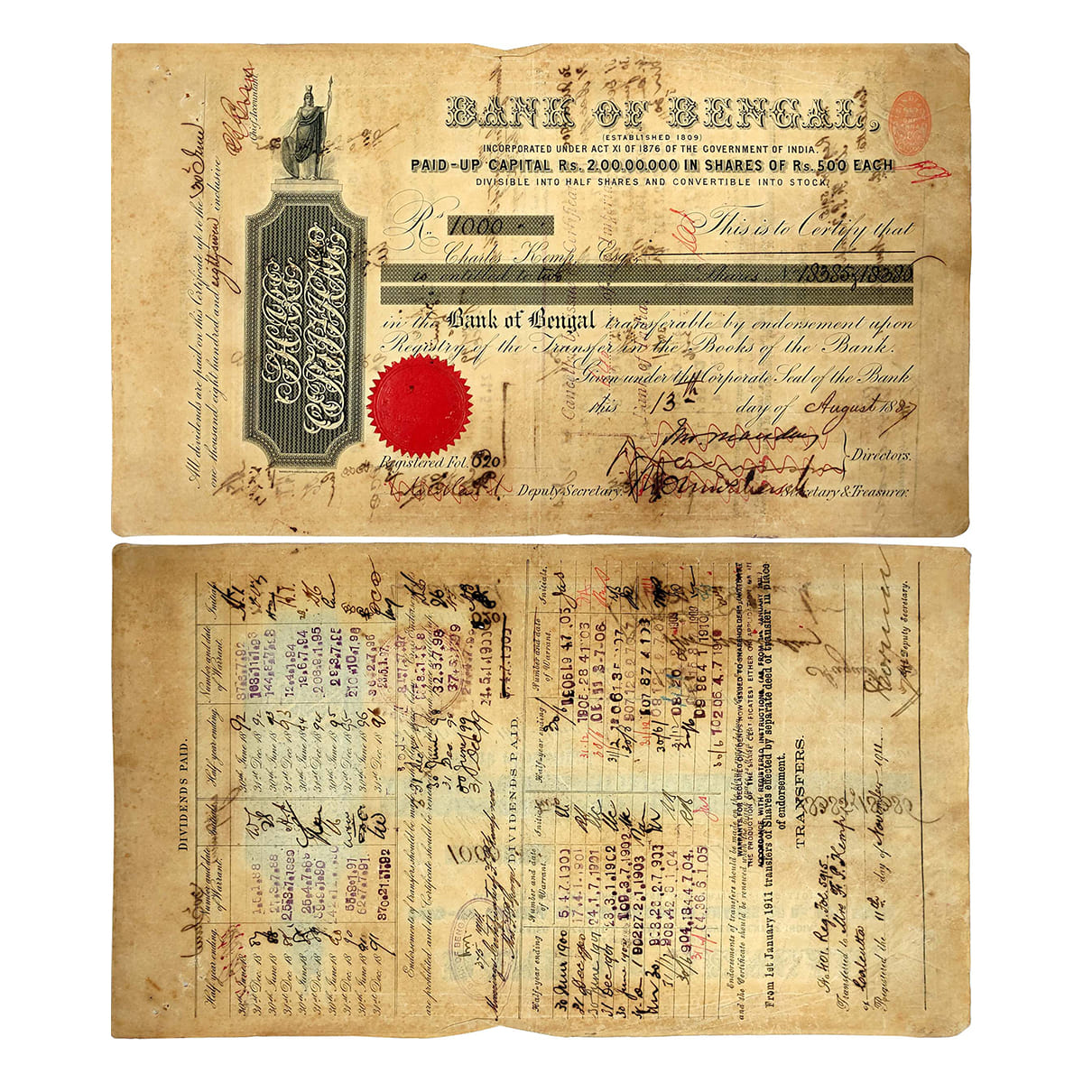 Paper, Bank of Bengal, one share of 1,000&nbsp; Rupees, August 1887 (dated on the front si