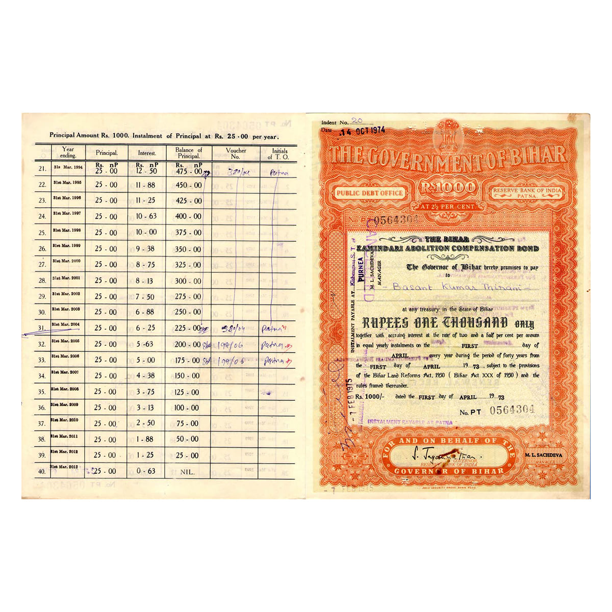 Paper, Government of Bihar & Reserve Bank of India (Patna), Bond Certificate of the Bihar 