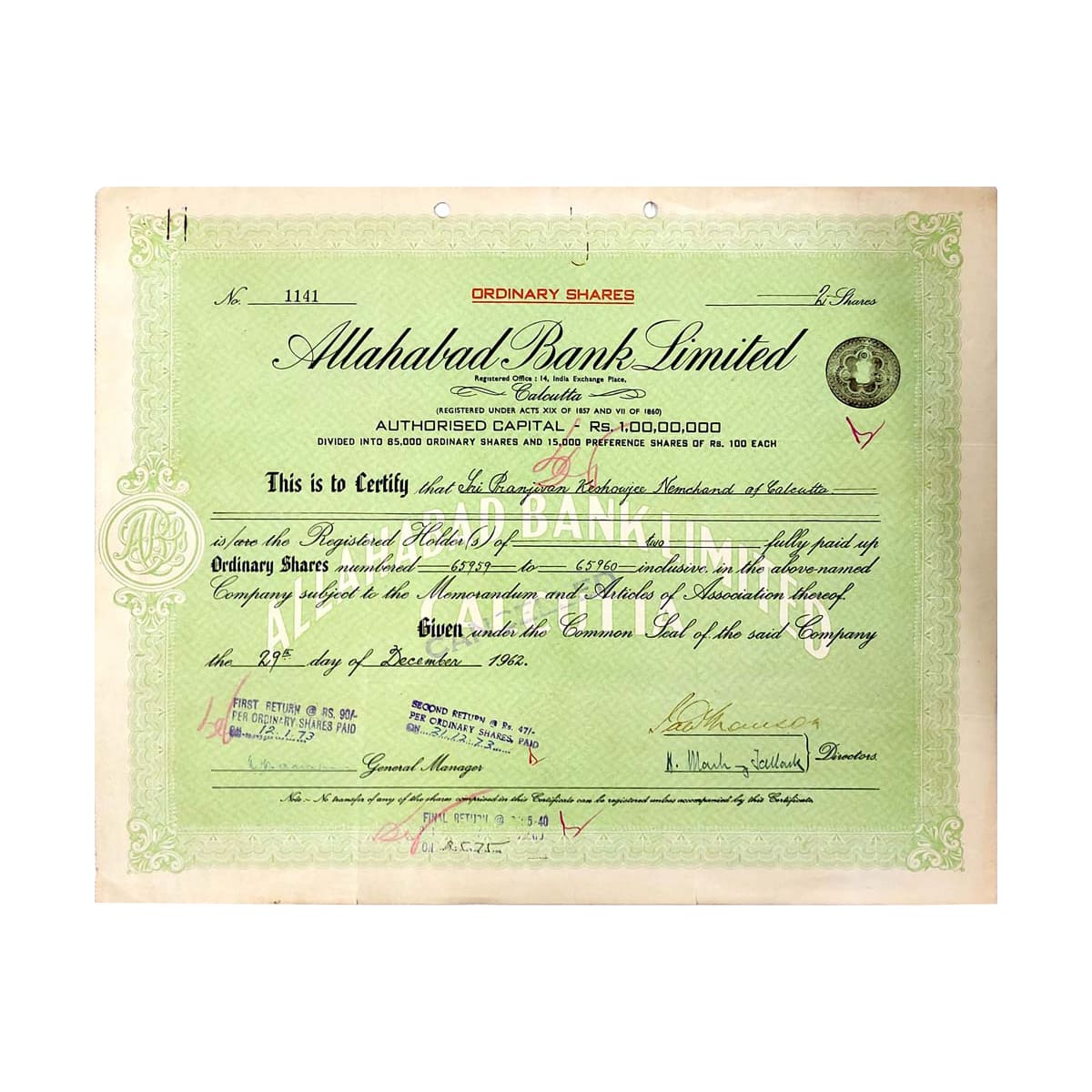 Paper, Allahabad Bank Ltd., Share of 2 Ordinary Shares of Rupees 100 each, dated 29th Dece